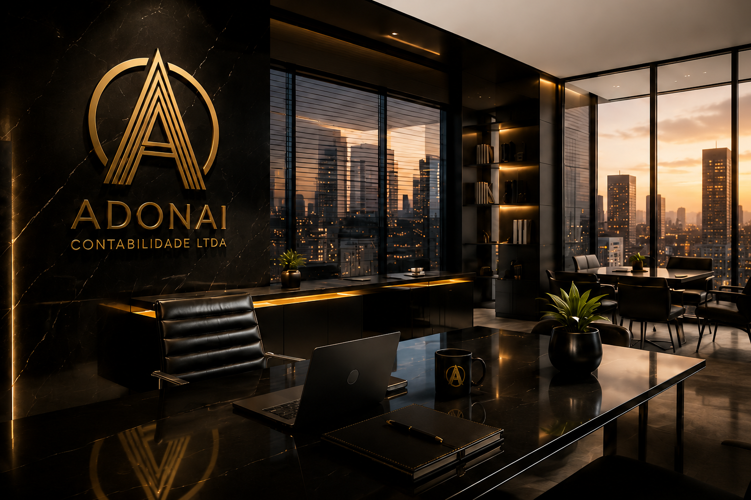 Escritório executivo da Adonai Contabilidade com logo em destaque e vista da cidade ao pôr do sol